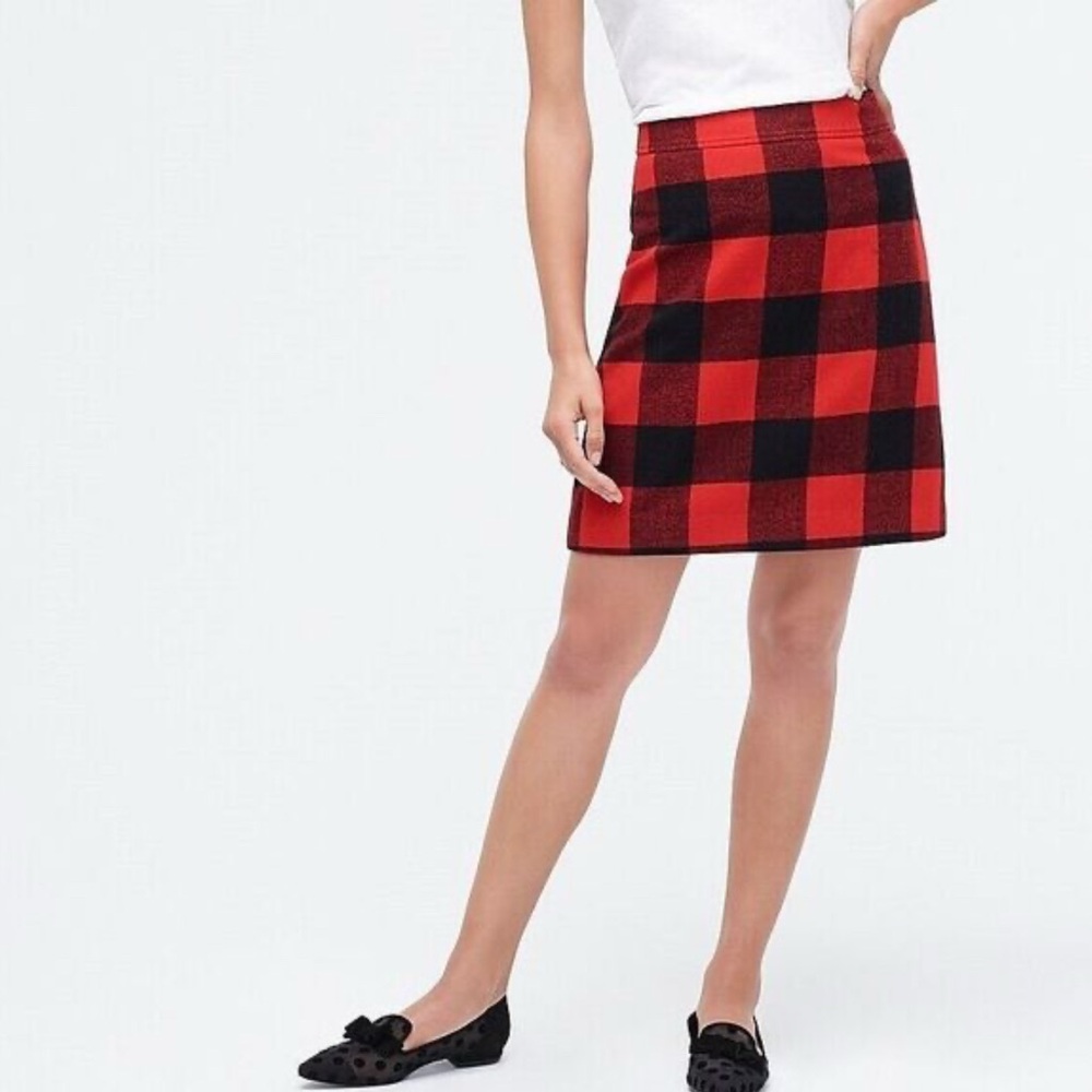 J Crew Red Black Buffalo Plaid Wool Blend Mini Holiday Skirt Size 10